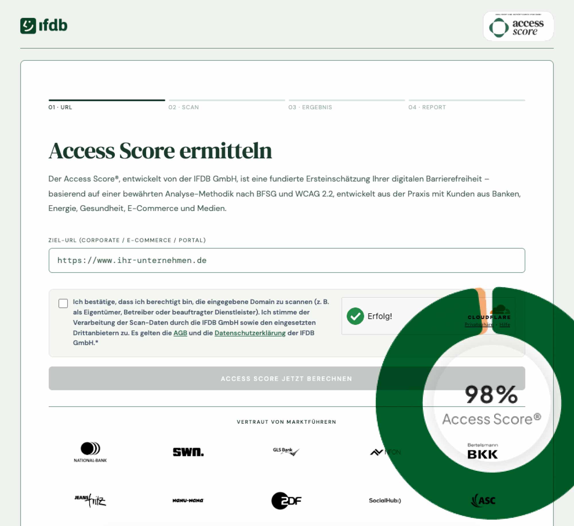 Screenshot des Access Score® Tools mit URL-Eingabemaske und einem Beispielergebnis von 98% – kostenloser WCAG-2.2-Tiefen-Scan zur Ersteinschätzung der digitalen Barrierefreiheit nach BFSG