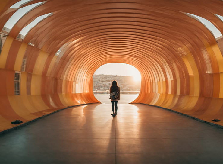 Person läuft durch einen leuchtend orangefarbenen Tunnel in Richtung Licht – barrierefreier Code verbessert SEO-Ranking durch saubere Semantik und Alternativtexte nach WCAG 2.2