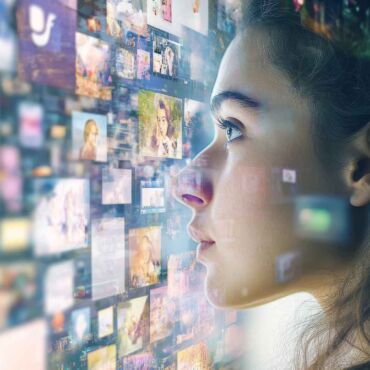 Frau betrachtet fasziniert eine leuchtende digitale Bilderwand – digitale Barrierefreiheit als Wettbewerbsvorteil für SEO, Reichweite und Conversion-Optimierung nach WCAG 2.2 und BFSG
