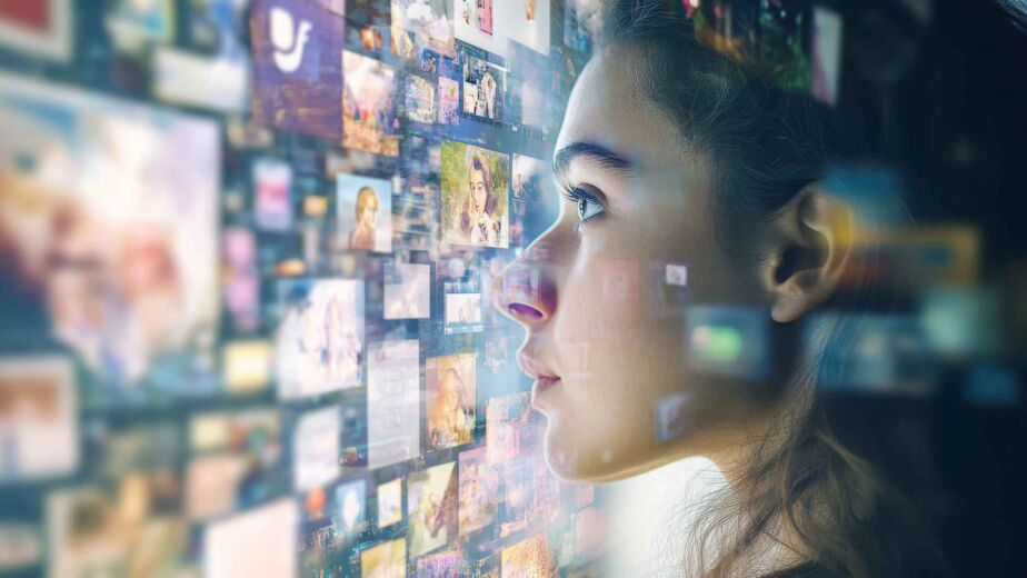 Frau betrachtet fasziniert eine leuchtende digitale Bilderwand – digitale Barrierefreiheit als Wettbewerbsvorteil für SEO, Reichweite und Conversion-Optimierung nach WCAG 2.2 und BFSG