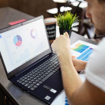 Mann prüft Diagramme mit Kreis- und Balkendarstellung am Laptop – WCAG-Konformität Stufen und Nachweis