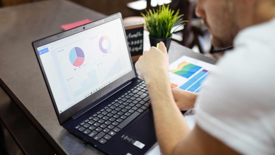 Mann prüft Diagramme mit Kreis- und Balkendarstellung am Laptop – WCAG-Konformität Stufen und Nachweis